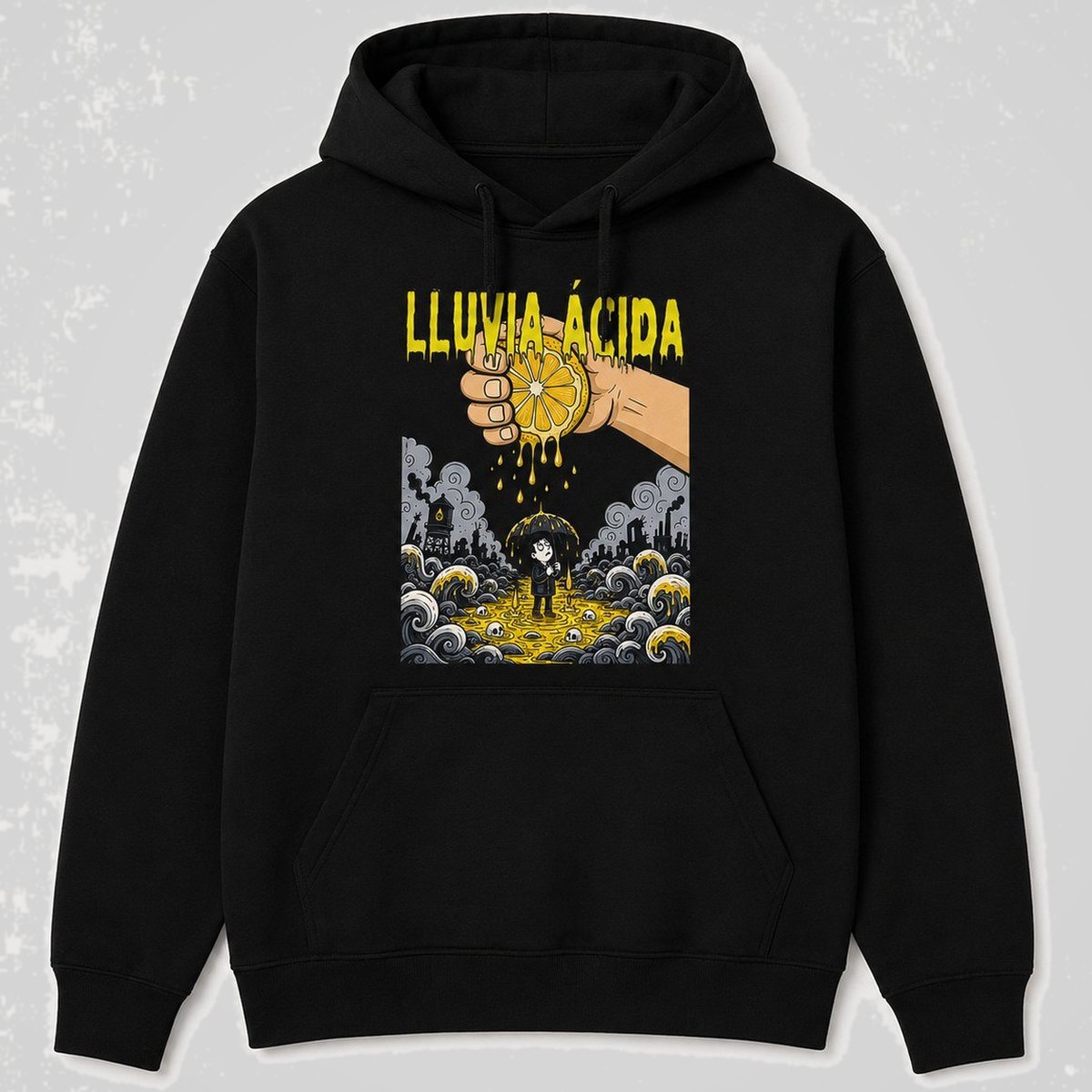 Sudadera negra con capucha Lluvia Ácida, diseño industrial de humor ácido – Starway to Helen