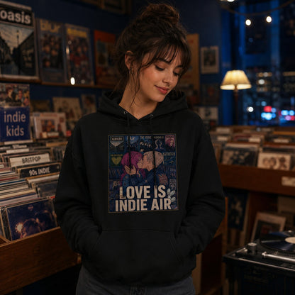 Mujer con sudadera negra Love is Indie Air en tienda de discos – Starway to Helen