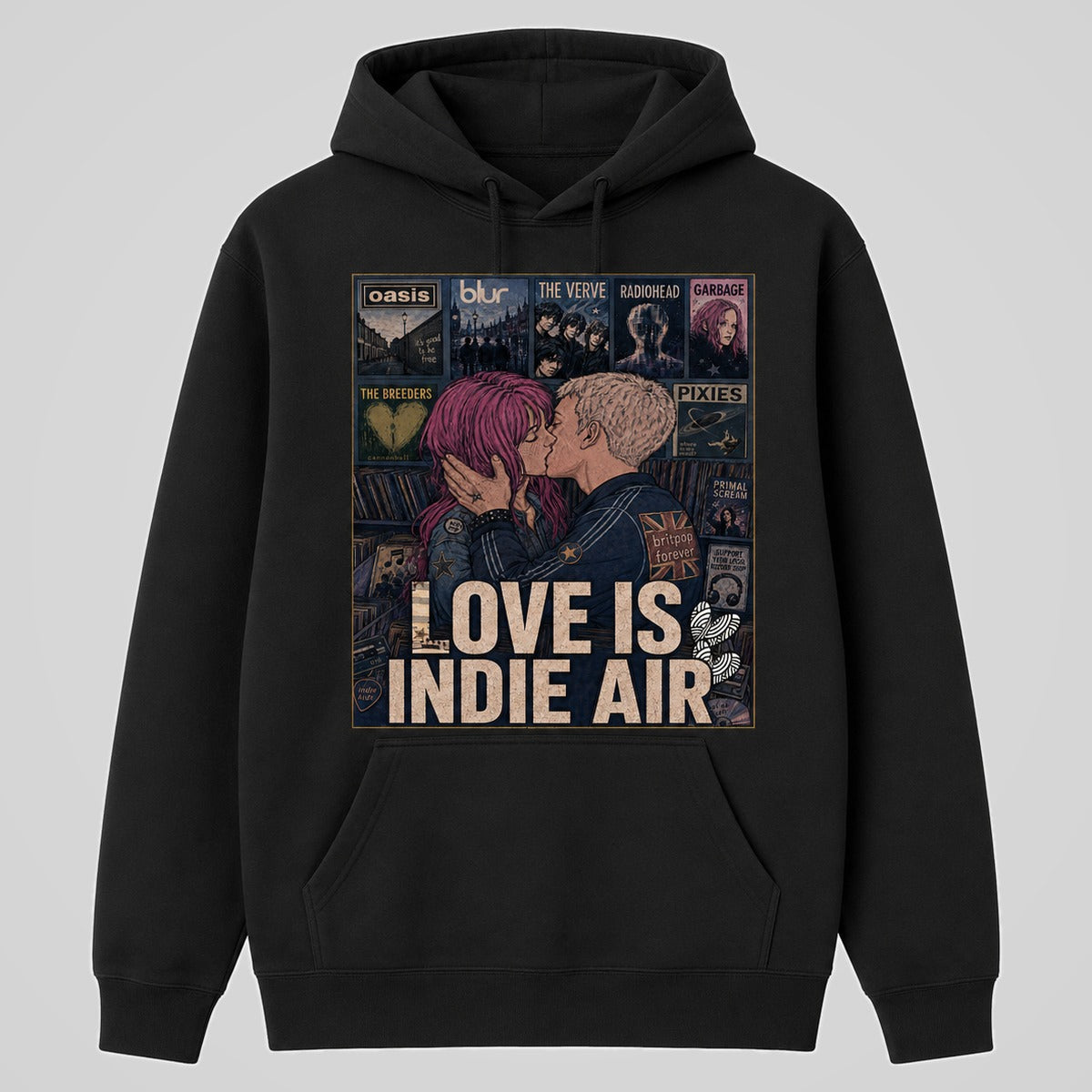 Sudadera negra Love is Indie Air, pareja indie y portadas de música – Starway to Helen