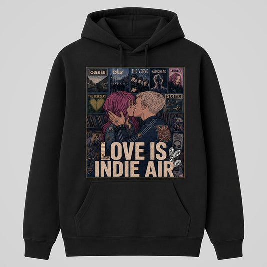 Sudadera negra Love is Indie Air, pareja indie y portadas de música – Starway to Helen
