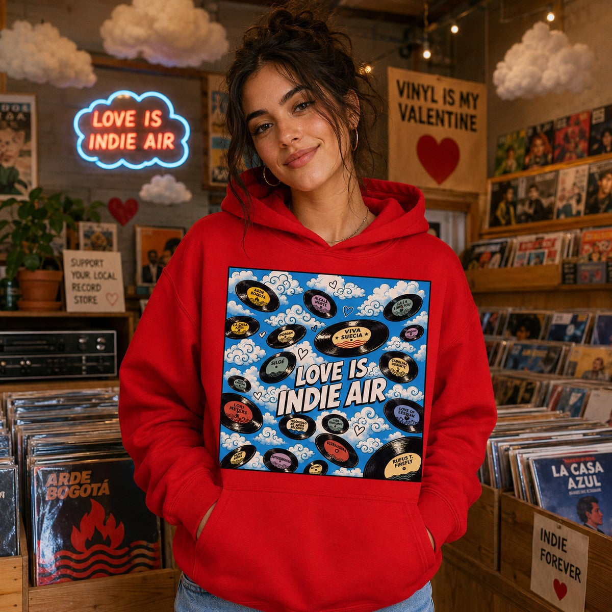 Mujer con sudadera roja Love is Indie Air – Starway to Helen