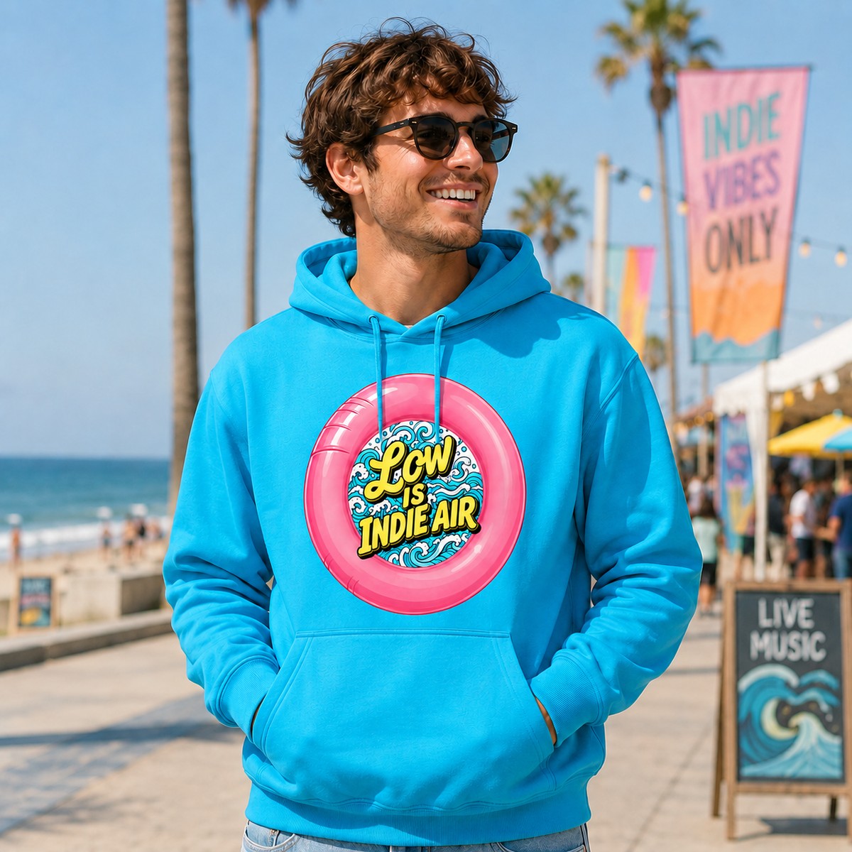 Hombre con sudadera Low is Indie Air turquesa en festival indie - Starway to Helen