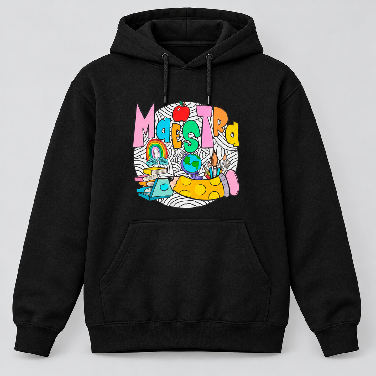 Sudadera Maestra negra con capucha, diseño colorido con manzana, arcoíris, libros y lápiz - regalo para maestras - Starway to Helen