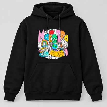 Sudadera Maestra negra con capucha, diseño colorido con manzana, arcoíris, libros y lápiz - regalo para maestras - Starway to Helen