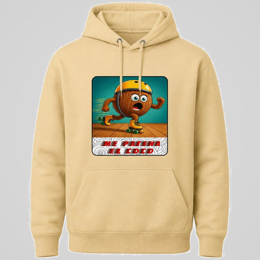 Sudadera amarilla con capucha Me Patina el Coco con diseño de coco patinador – Starway to Helen