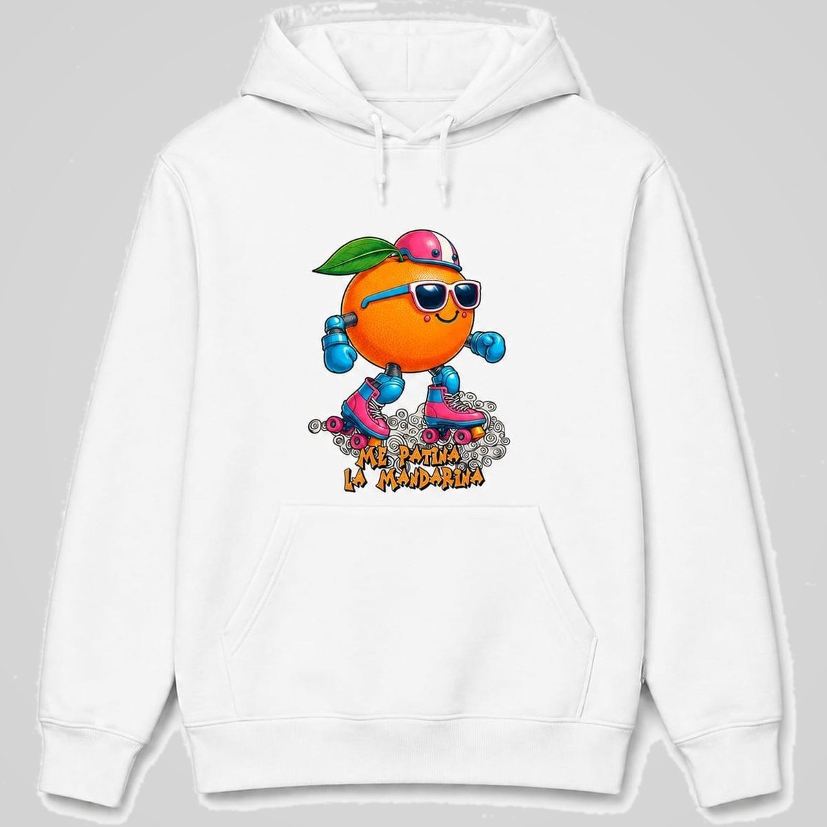 Sudadera blanca con capucha Me Patina la Mandarina, diseño de mandarina patinadora – Starway to Helen