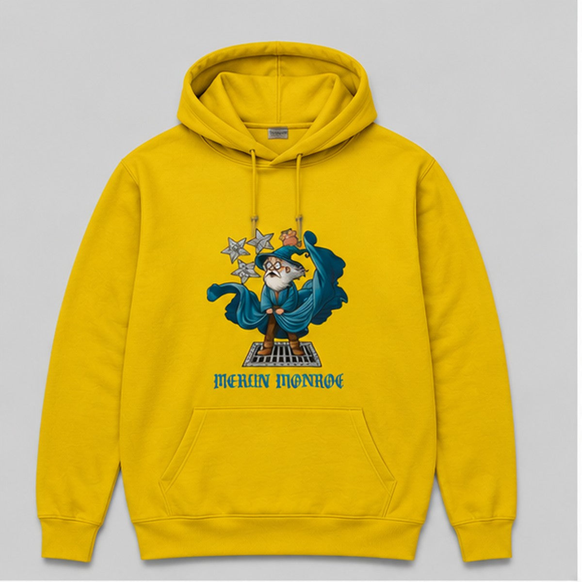 Sudadera Merlín Monroe amarilla, parodia de Marilyn Monroe con el mago Merlín - Starway to Helen