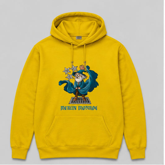 Sudadera Merlín Monroe amarilla, parodia de Marilyn Monroe con el mago Merlín - Starway to Helen