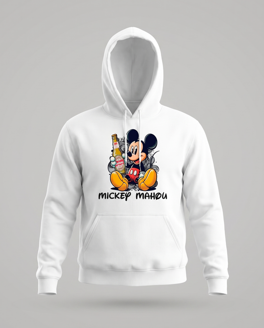 Sudadera Mickey Mahou blanca con capucha, parodia de Mickey Mouse (Disney) y cerveza Mahou - Starway to Helen