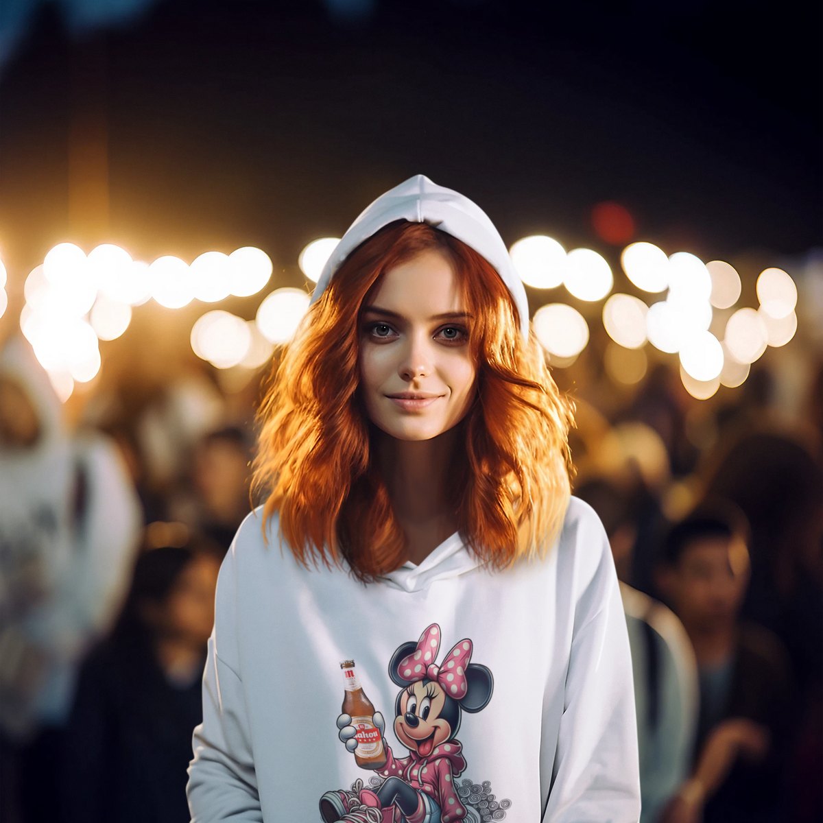 Mujer con sudadera blanca con capucha Minnie Mahou, humor Disney y cerveza