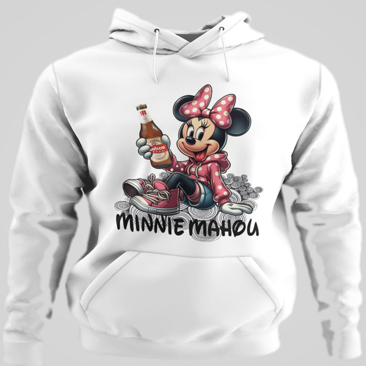 Sudadera blanca con capucha Minnie Mahou, Minnie con cerveza Mahou, humor Disney – Starway to Helen