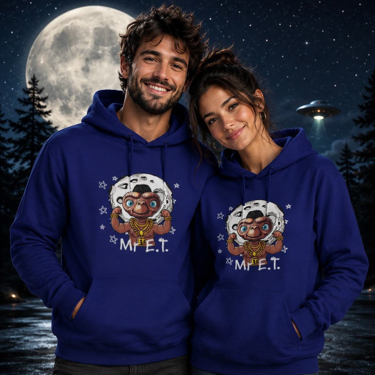 Pareja con sudadera Mr E.T. azul marino, parodia de E.T. y Mr T - Starway to Helen