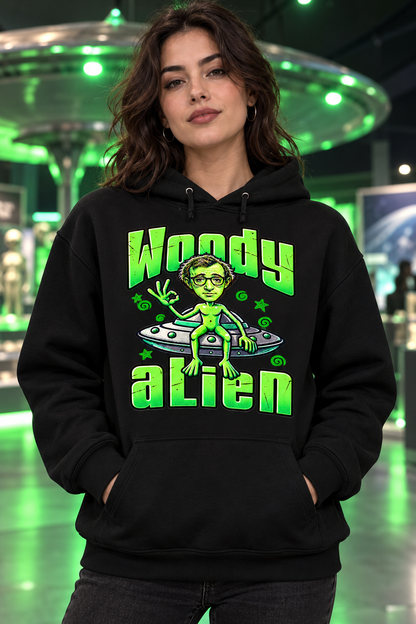 Mujer con sudadera negra con capucha Woody Alien, parodia de Woody Allen como extraterrestre verde, sudadera unisex divertida - Starway to Helen