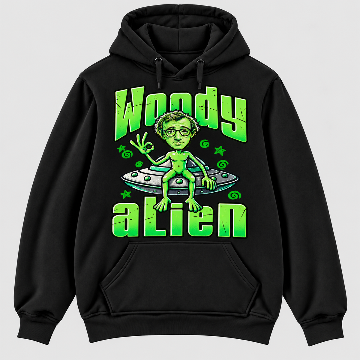 Sudadera negra con capucha Woody Alien, Woody Allen como extraterrestre verde sentado en un OVNI, parodia friki de cine - Starway to Helen