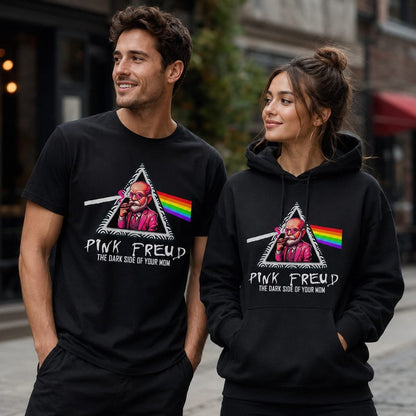 Pareja con sudadera Pink Freud negra, parodia de Pink Floyd y Freud - Starway to Helen