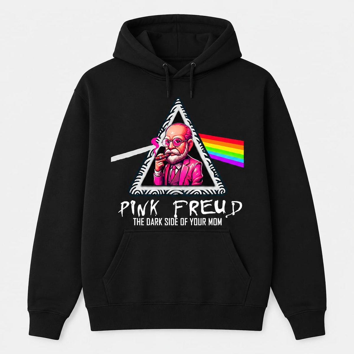 Sudadera negra con capucha Pink Freud, diseño parodia de Pink Floyd, psicoanálisis y rock – Starway to Helen