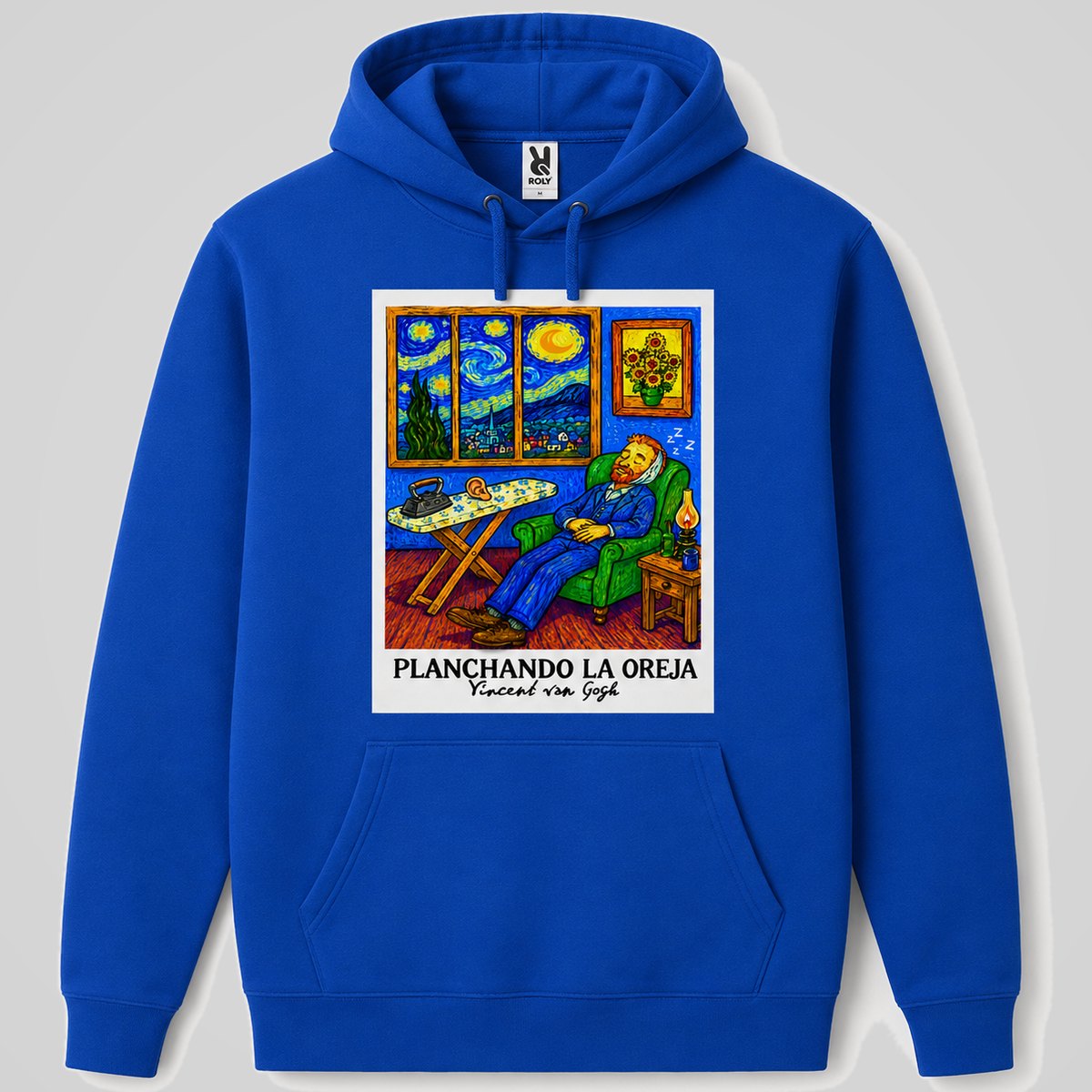 Sudadera azul con capucha Planchando la Oreja, parodia de Van Gogh, humor artístico – Starway to Helen