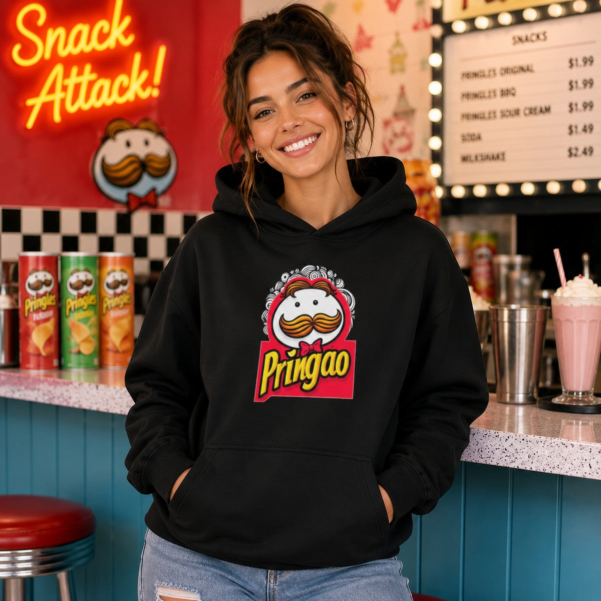 Mujer con sudadera Pringao, parodia de Pringles - Starway to Helen
