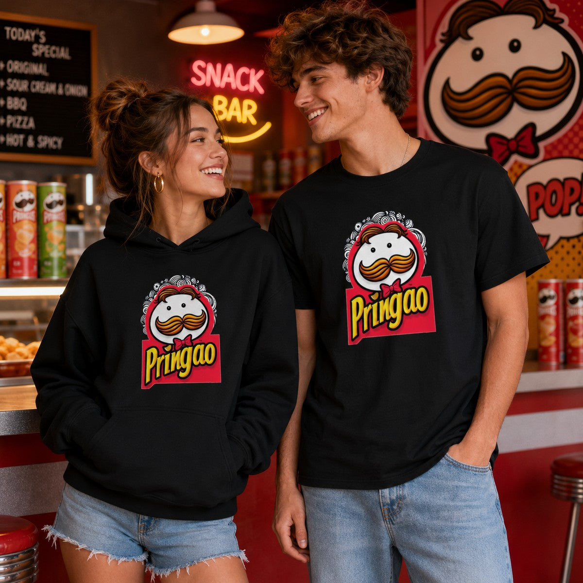 Pareja con sudadera y camiseta Pringao, parodia de Pringles - Starway to Helen
