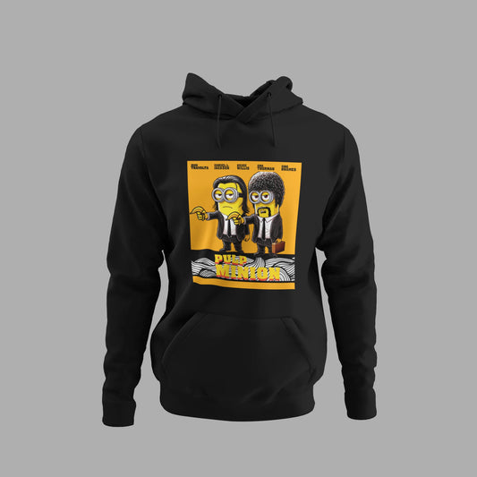 Sudadera con capucha negra Pulp Minion, vista frontal del diseño parodia de Pulp Fiction con minions