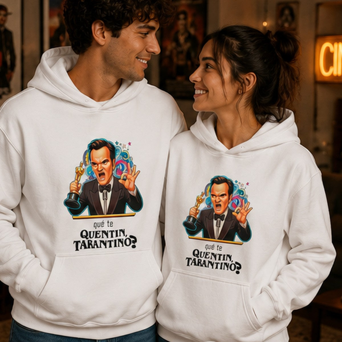 Pareja con sudadera ¿Qué te Quentin, Tarantino?, parodia de Quentin Tarantino - Starway to Helen