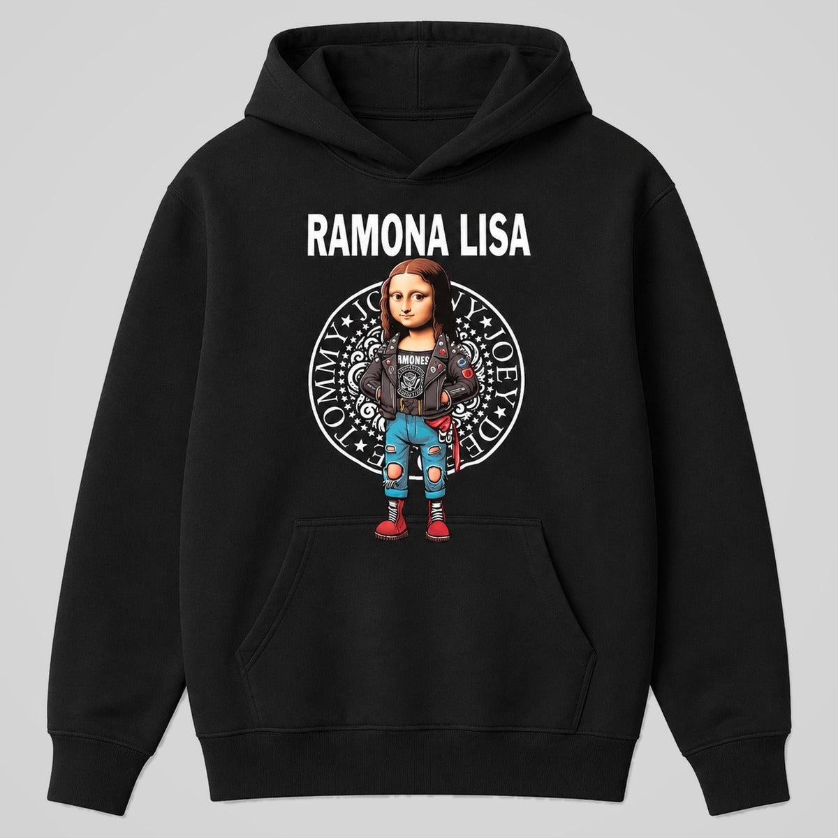 Sudadera Ramona Lisa negra, parodia de los Ramones y la Mona Lisa punk - Starway to Helen