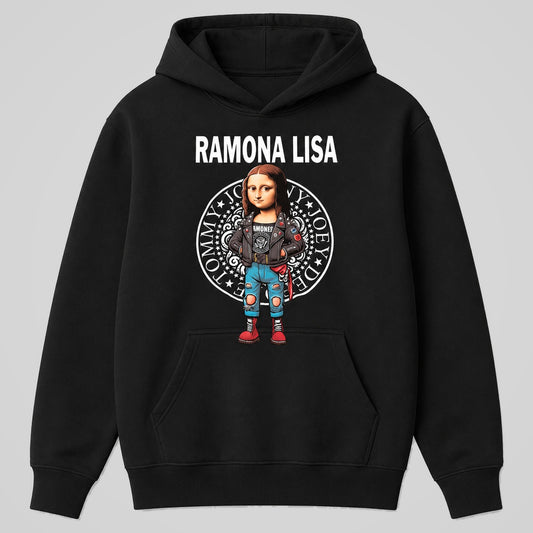 Sudadera Ramona Lisa negra, parodia de los Ramones y la Mona Lisa punk - Starway to Helen
