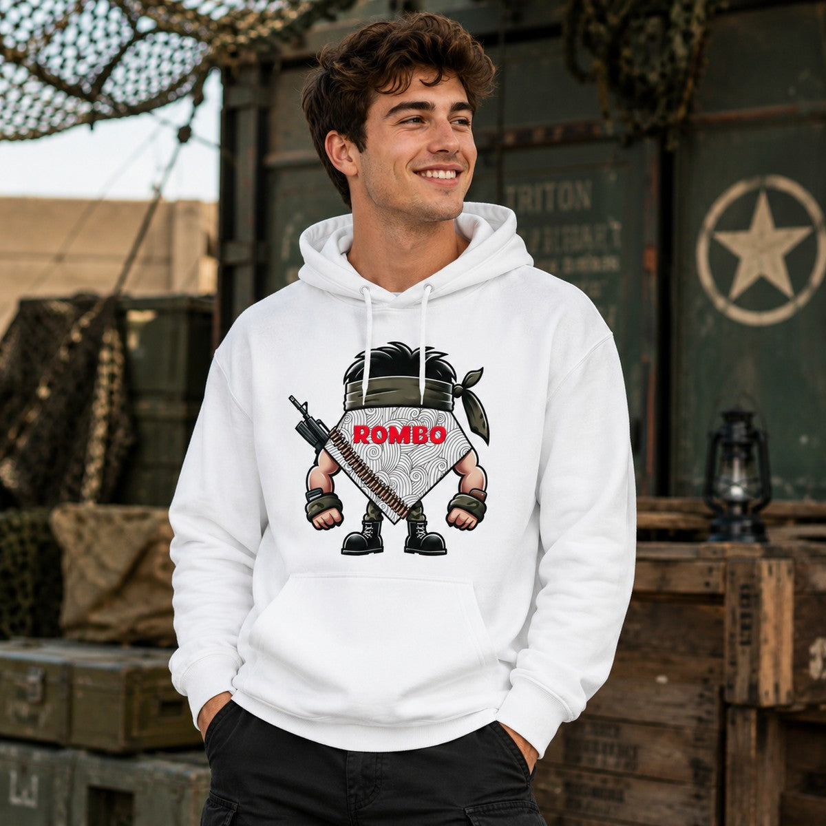 Hombre con sudadera blanca ROMBO militar – Starway to Helen