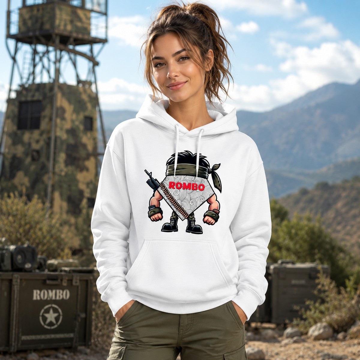 Mujer con sudadera blanca ROMBO militar – Starway to Helen
