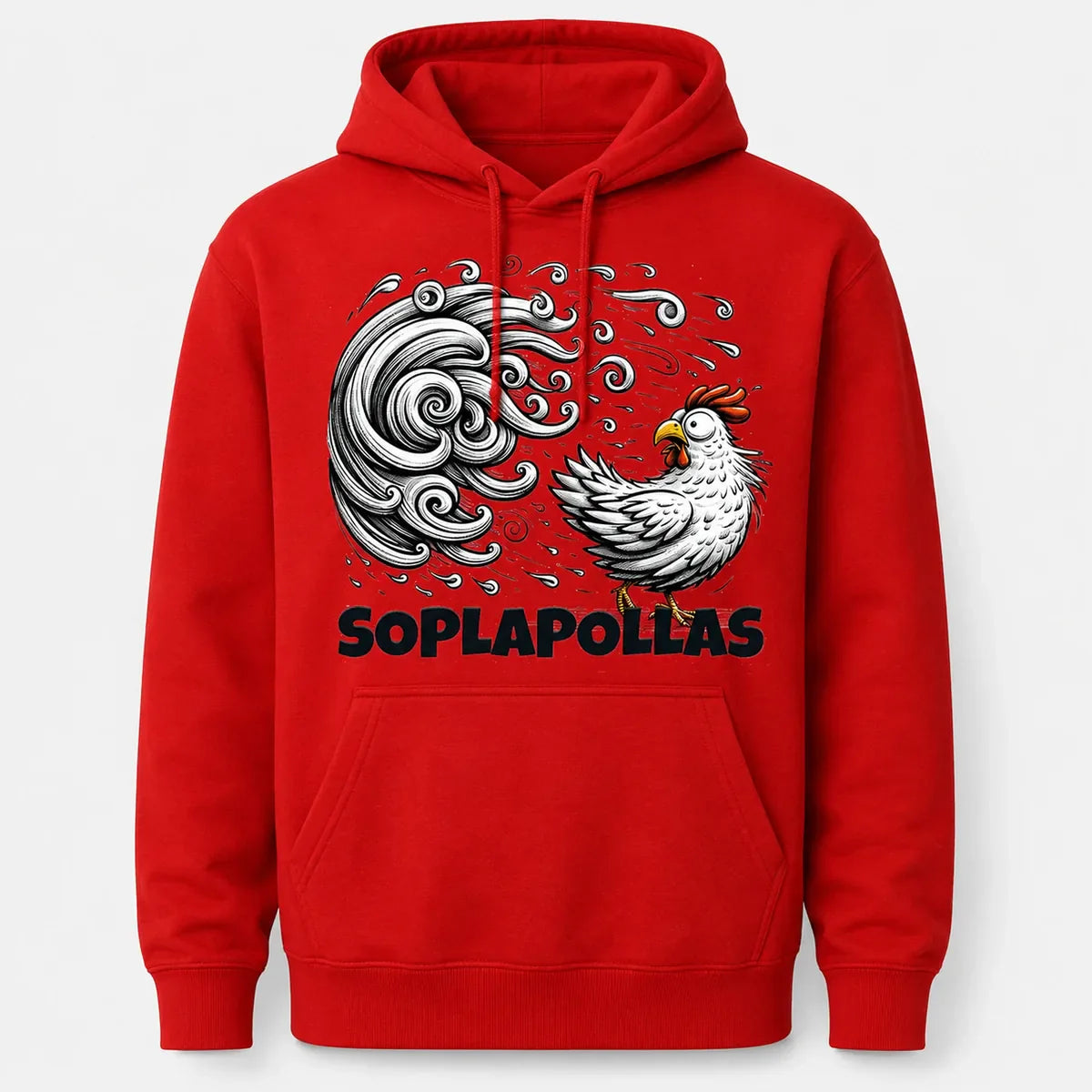 Sudadera roja con capucha Soplapollas, diseño de gallo soplando viento, humor español – Starway to Helen