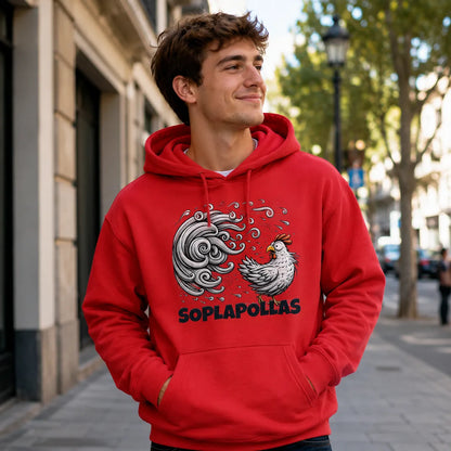 Hombre con sudadera roja con capucha Soplapollas, diseño de gallo, humor español