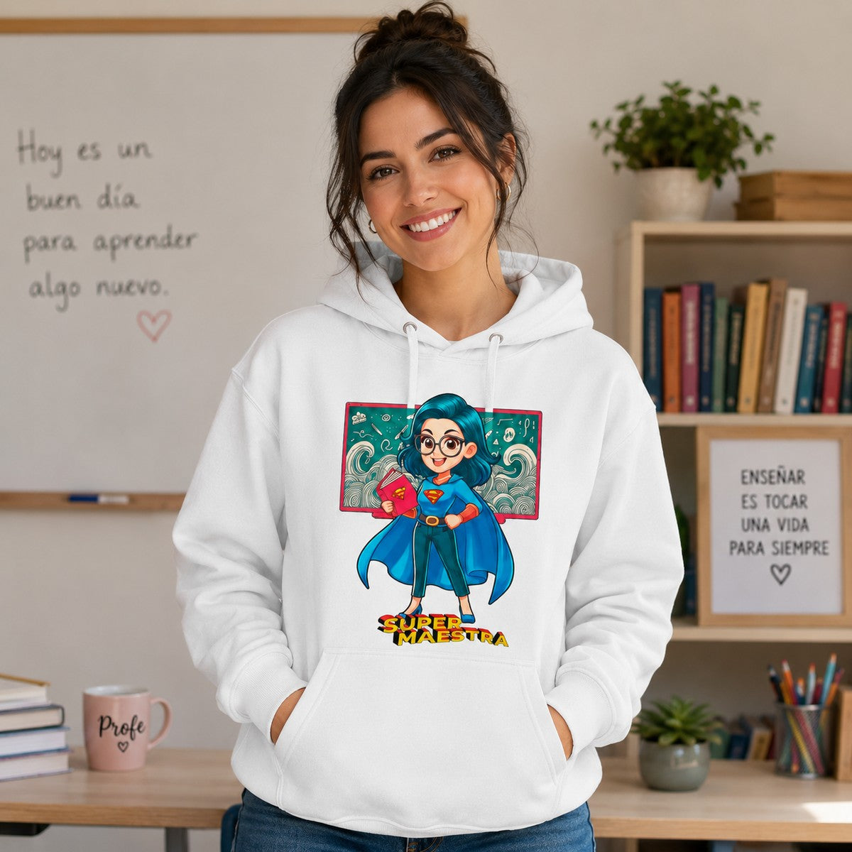 Chica con sudadera Super Maestra blanca, regalo para profesoras - Starway to Helen