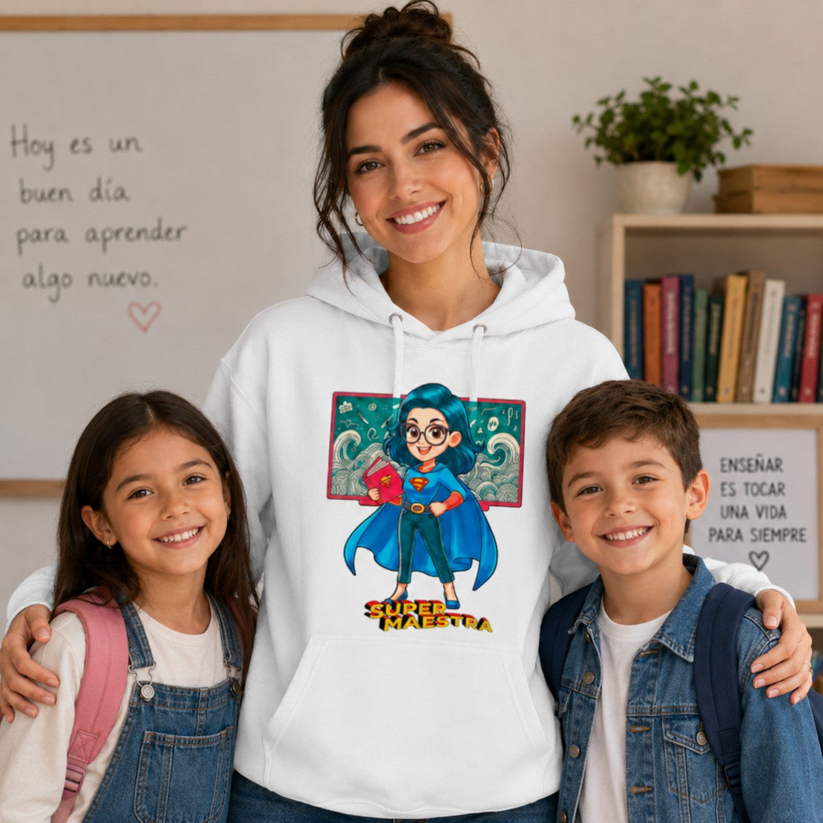 Maestra con alumnos con sudadera Super Maestra blanca, regalo Día de la Maestra - Starway to Helen