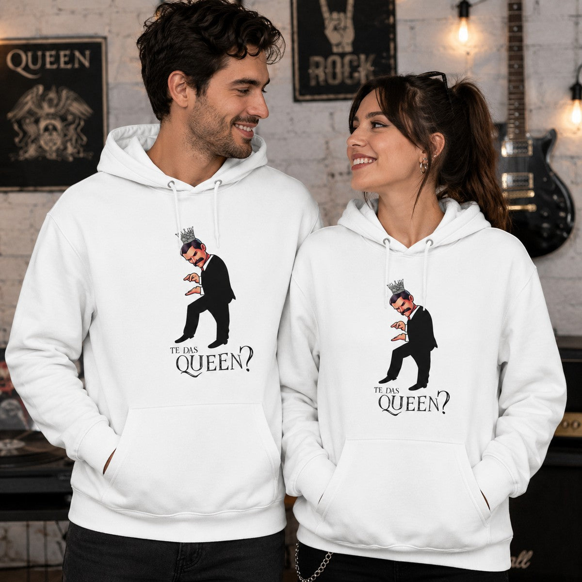 Pareja con sudadera Te Das Queen?, parodia de Queen - Starway to Helen