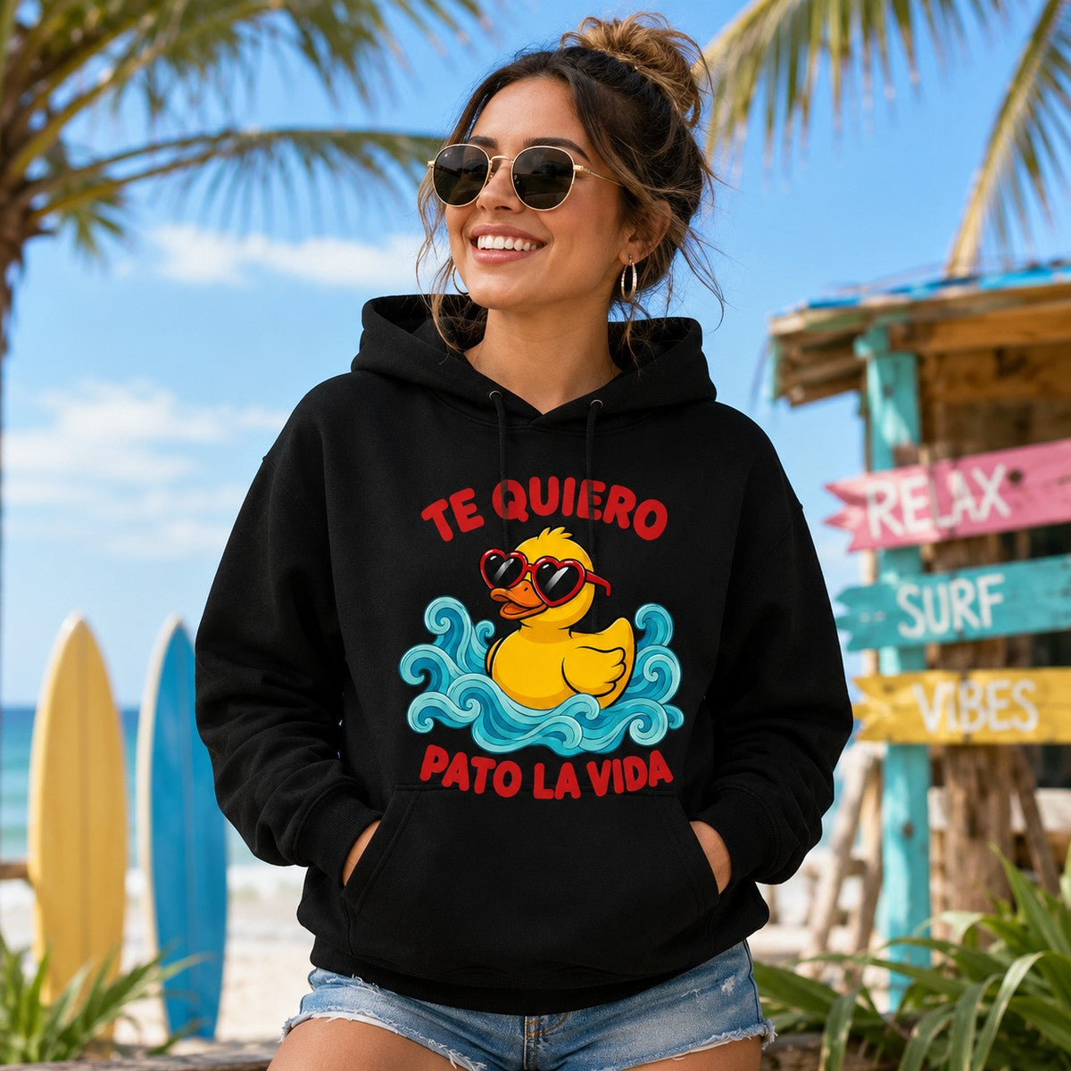 Chica con sudadera Te Quiero Pato la Vida negra, pato con gafas - Starway to Helen
