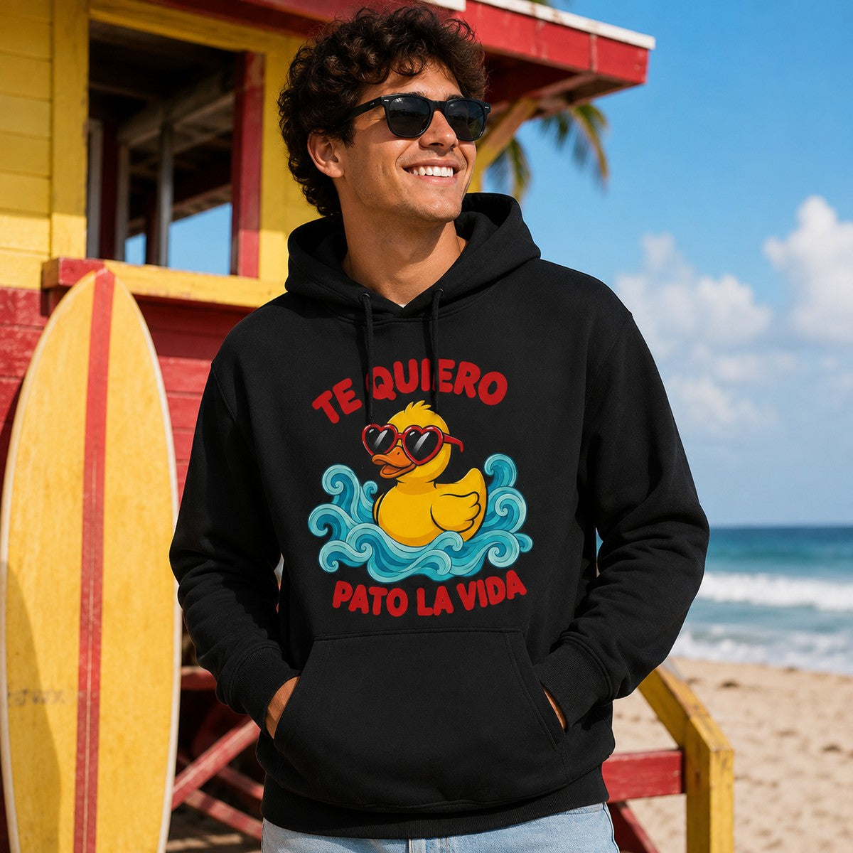 Hombre con sudadera Te Quiero Pato la Vida negra en la playa - Starway to Helen