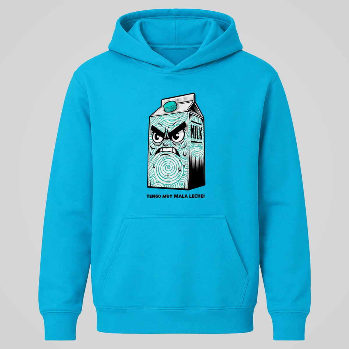 Sudadera Tengo Muy Mala Leche turquesa con brik de leche enfadado - Starway to Helen