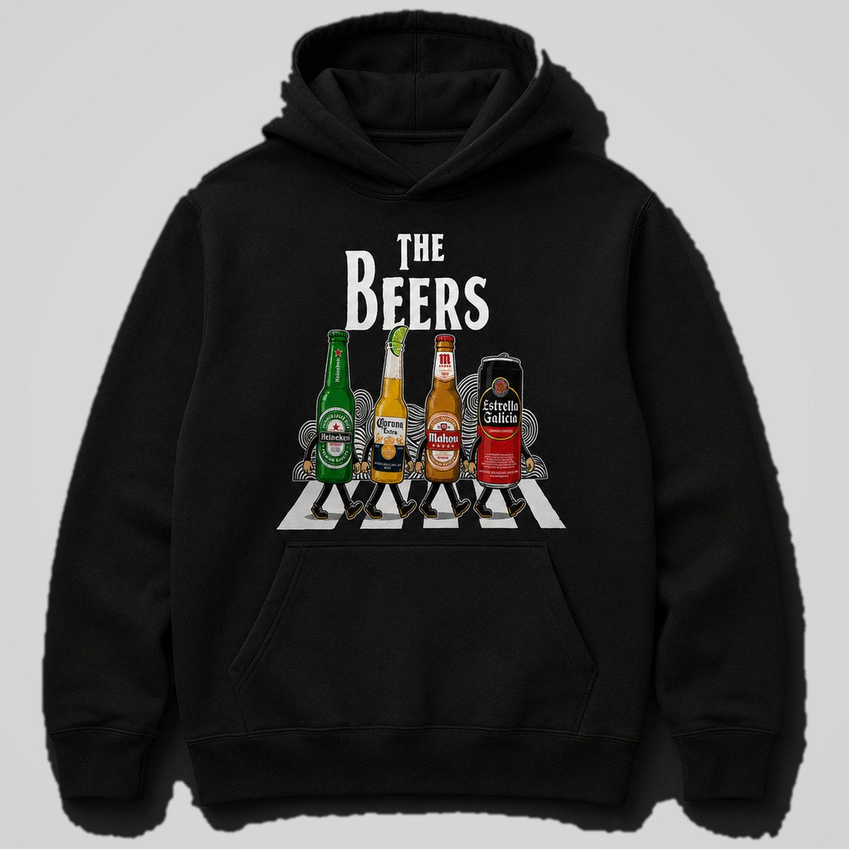 Sudadera negra con capucha The Beers, parodia Abbey Road con cervezas, diseño musical – Starway to Helen