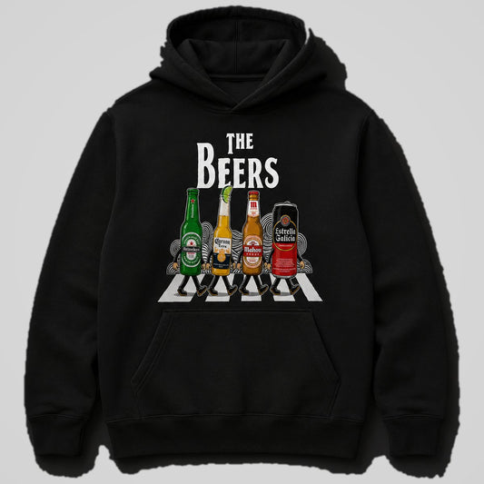 Sudadera negra con capucha The Beers, parodia Abbey Road con cervezas, diseño musical – Starway to Helen