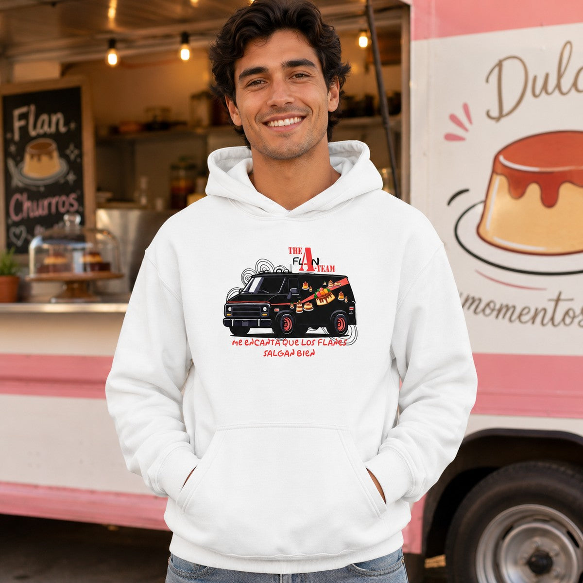 Hombre con sudadera The Flan Team, parodia de El Equipo A - Starway to Helen