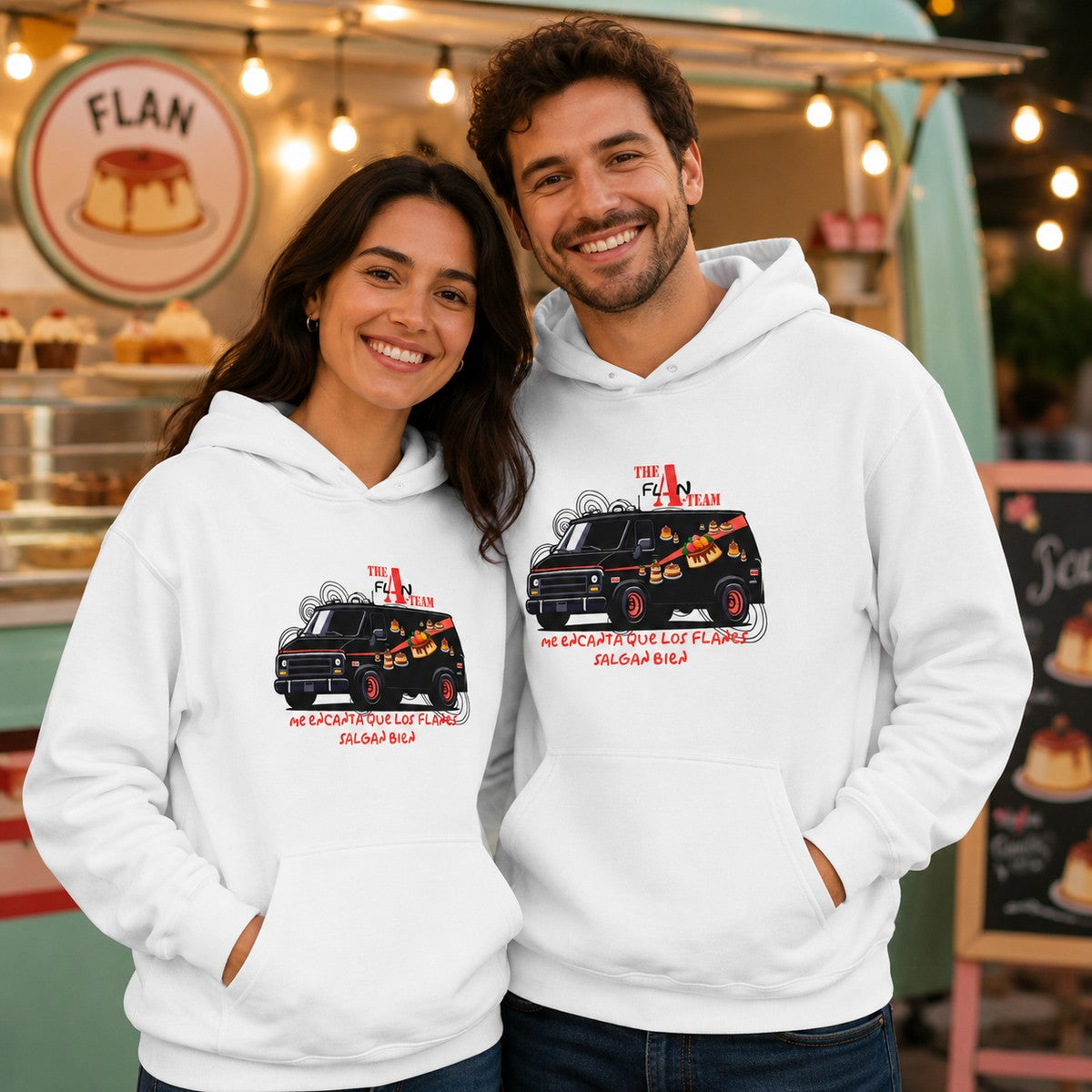 Pareja con sudadera The Flan Team, parodia de El Equipo A - Starway to Helen