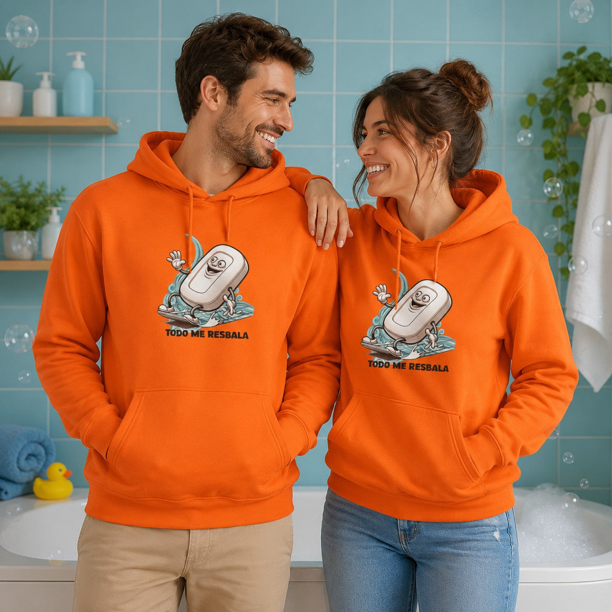 Pareja con sudadera Todo Me Resbala, pastilla de jabón - Starway to Helen