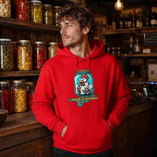 Hombre con sudadera roja con capucha Una Polla en Vinagre, humor español