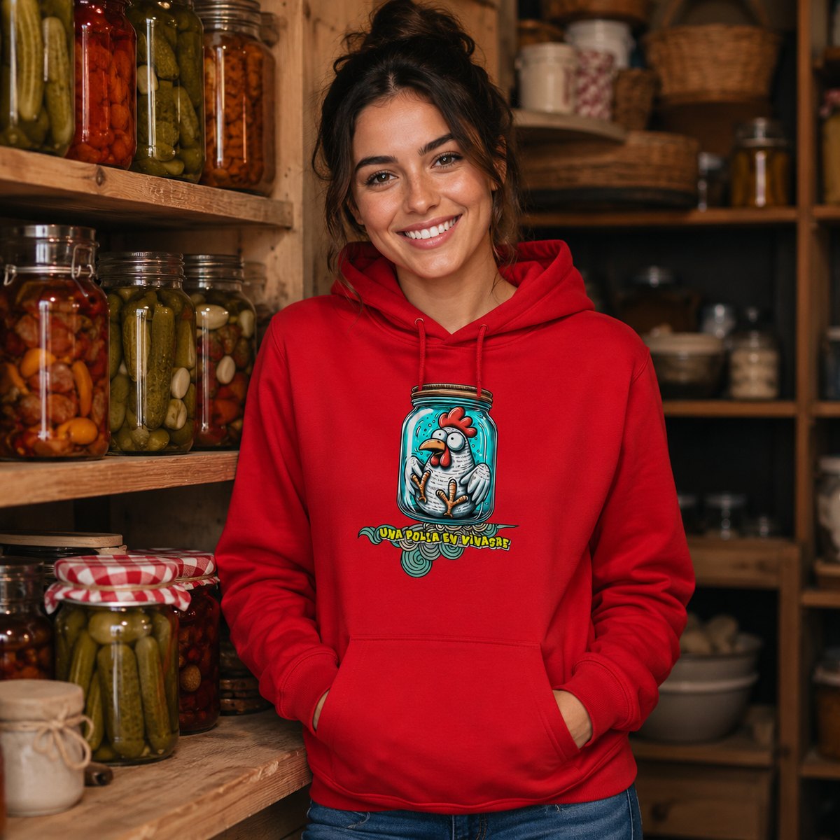 Mujer con sudadera roja con capucha Una Polla en Vinagre, humor español