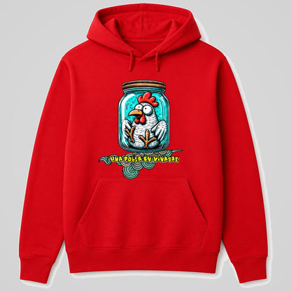 Sudadera roja con capucha Una Polla en Vinagre, gallina en tarro, humor español – Starway to Helen