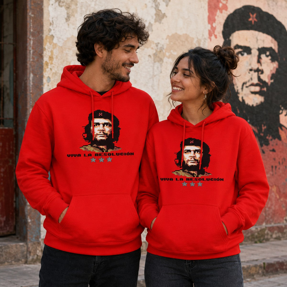 Pareja con sudadera Viva la Resolución, parodia del Che Guevara - Starway to Helen
