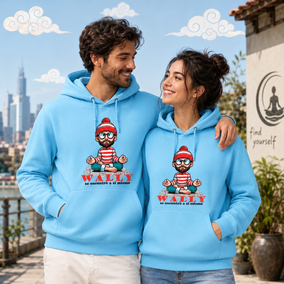 Pareja con sudadera Wally Se Encontró a Sí Mismo, parodia de ¿Dónde está Wally? - Starway to Helen
