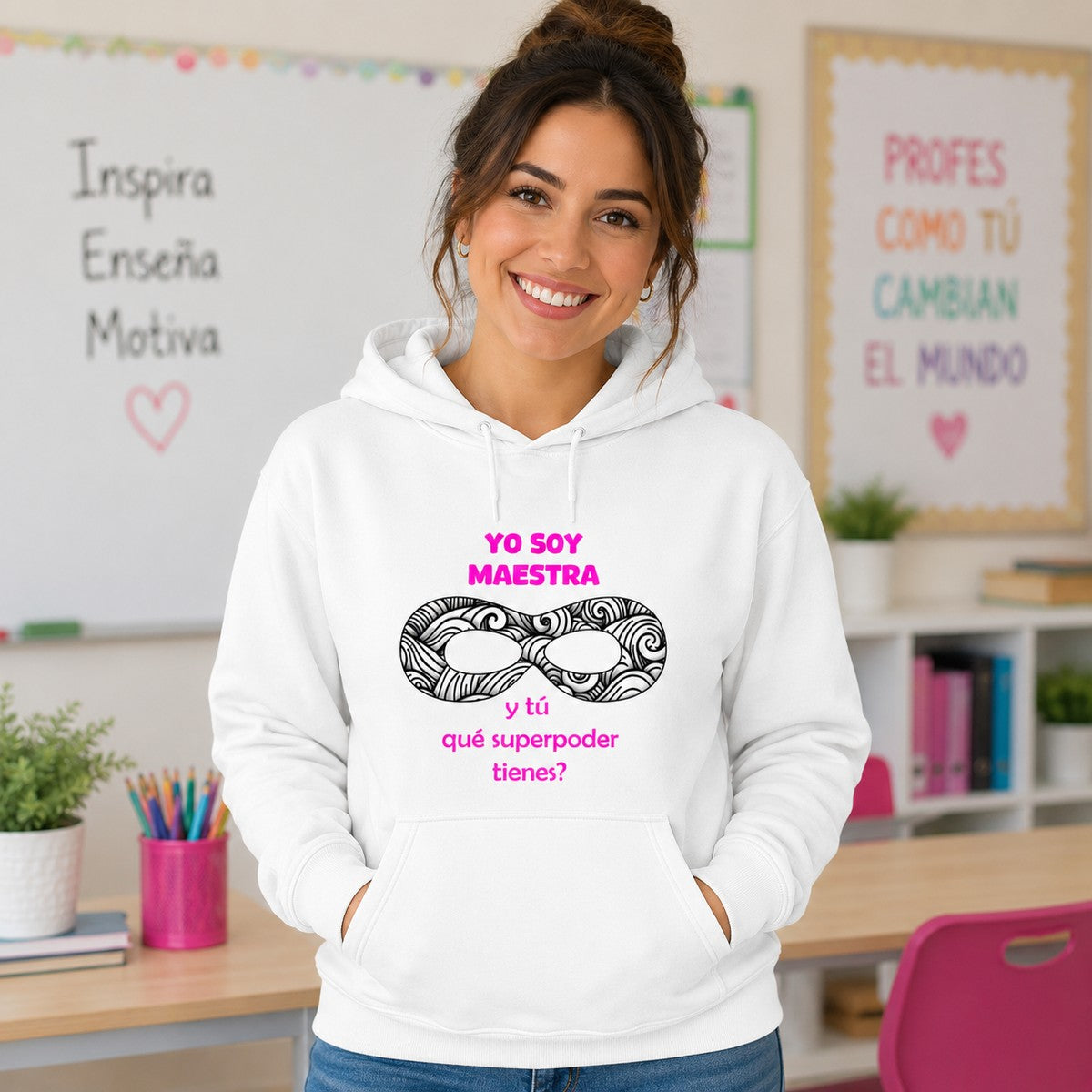 Chica con sudadera Yo Soy Maestra ¿Y Tú Qué Superpoder Tienes? blanca, regalo para profesoras - Starway to Helen
