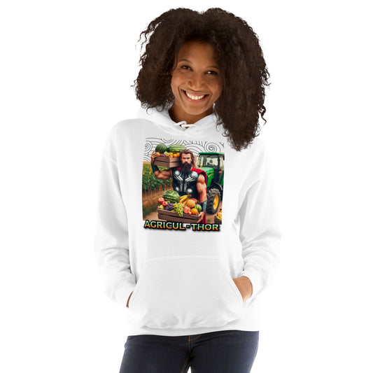 Persona con sudadera Agricul-Thor para fans de los superhéroes y el mundo rural
