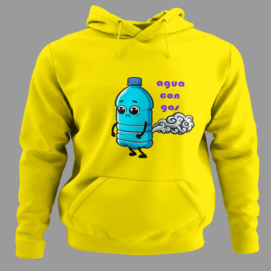 Sudadera amarilla Agua con Gas con diseño de humor visual, regalo divertido y original